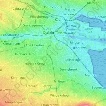 Mappa topografica Dublin, altitudine, rilievo