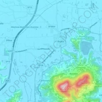 Mappa topografica Rovolon, altitudine, rilievo