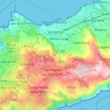 Mappa topografica Sorrento, altitudine, rilievo