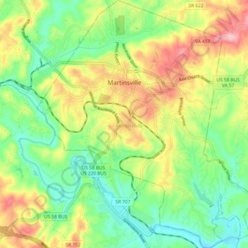 Mappa topografica Martinsville, altitudine, rilievo