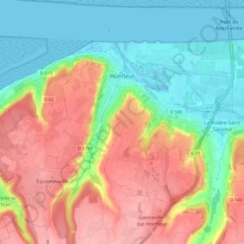 Mappa topografica Honfleur, altitudine, rilievo