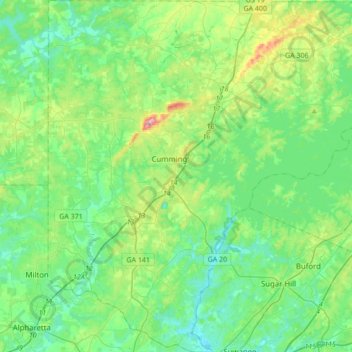 Mappa topografica Forsyth County, altitudine, rilievo