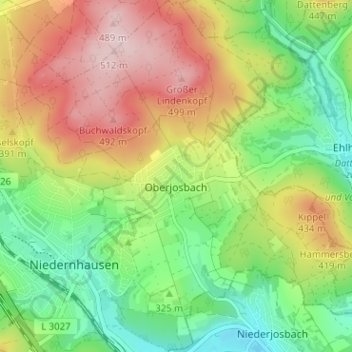 Mappa topografica Oberjosbach, altitudine, rilievo