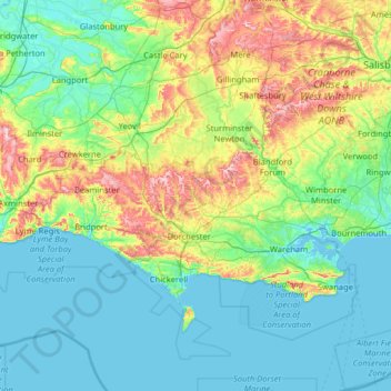 Mappa topografica Dorset, altitudine, rilievo