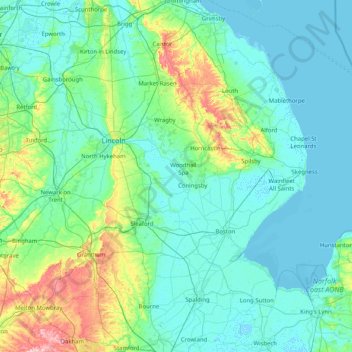 Mappa topografica Lincolnshire, altitudine, rilievo