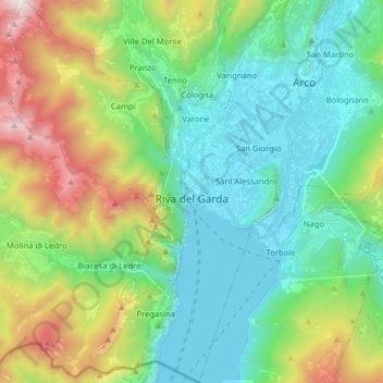 Mappa topografica Riva del Garda, altitudine, rilievo