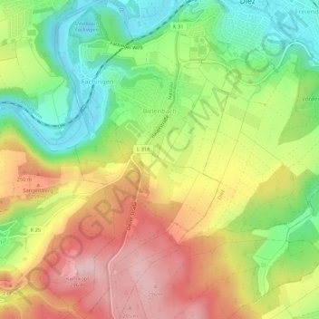 Mappa topografica Birlenbach, altitudine, rilievo