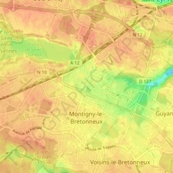 Mappa topografica Montigny-le-Bretonneux, altitudine, rilievo