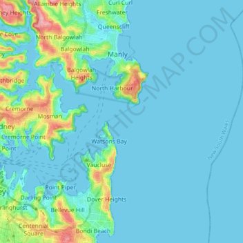 Mappa topografica Sydney Harbour National Park, altitudine, rilievo