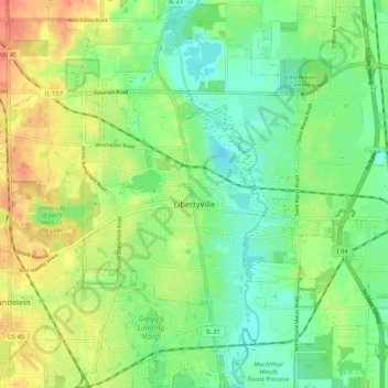 Mappa topografica Libertyville, altitudine, rilievo