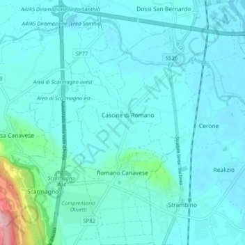 Mappa topografica Romano Canavese, altitudine, rilievo
