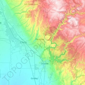 Mappa topografica Butte County, altitudine, rilievo