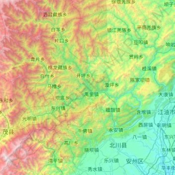 Mappa topografica 北川羌族自治县, altitudine, rilievo