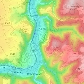 Mappa topografica Alken, altitudine, rilievo