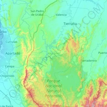 Mappa topografica Alto Sinú, altitudine, rilievo