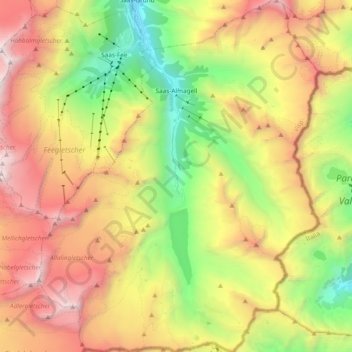 Mappa topografica Saas-Almagell, altitudine, rilievo