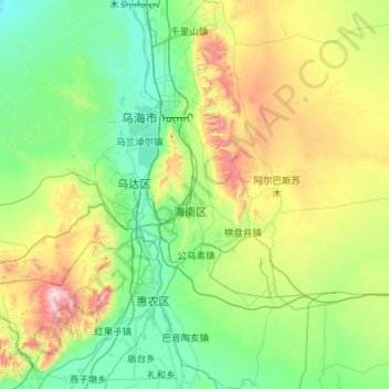 Mappa topografica 乌海市, altitudine, rilievo