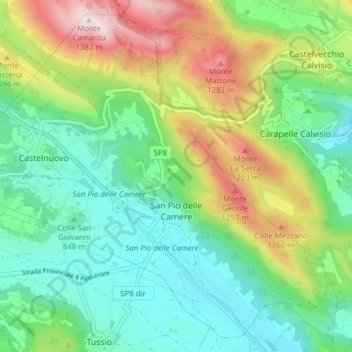 Mappa topografica San Pio delle Camere, altitudine, rilievo