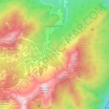 Mappa topografica Cibiana di Cadore, altitudine, rilievo