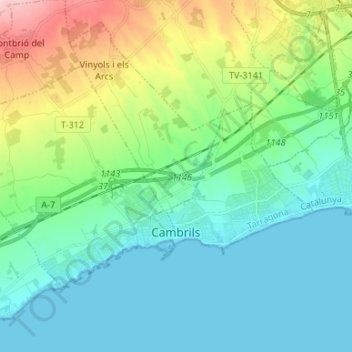 Mappa topografica Cambrils, altitudine, rilievo