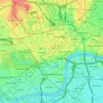 Mappa topografica City of Westminster, altitudine, rilievo