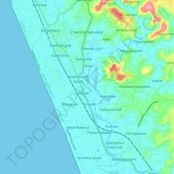 Mappa topografica Kanhangad, altitudine, rilievo