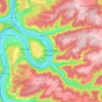 Mappa topografica Zell (Mosel), altitudine, rilievo
