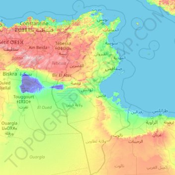 Mappa topografica Tunisia, altitudine, rilievo