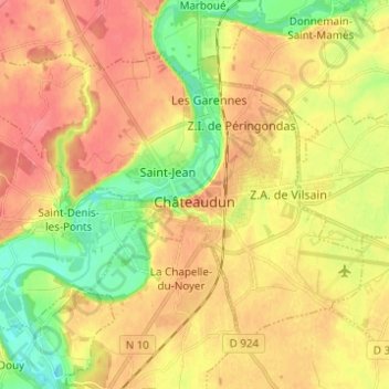 Mappa topografica Châteaudun, altitudine, rilievo