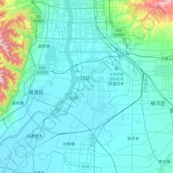Mappa topografica 小店区, altitudine, rilievo