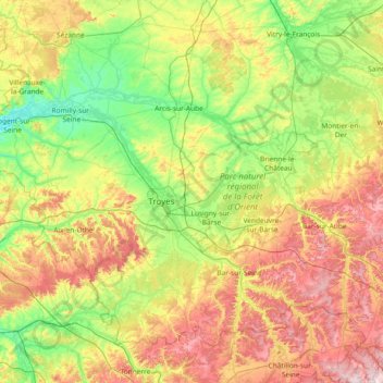 Mappa topografica Aube, altitudine, rilievo