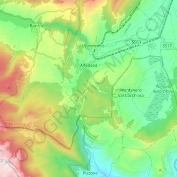 Mappa topografica Alfedena, altitudine, rilievo