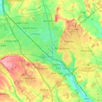 Mappa topografica Borough of Luton, altitudine, rilievo