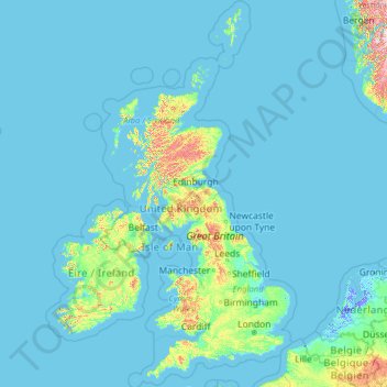 Mappa topografica Regno Unito, altitudine, rilievo