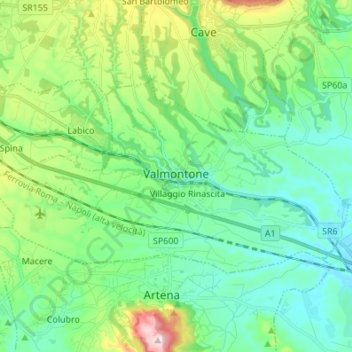Mappa topografica Valmontone, altitudine, rilievo
