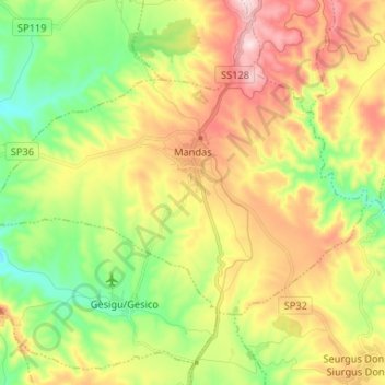 Mappa topografica Mandas, altitudine, rilievo