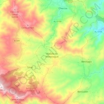 Mappa topografica Alcudia de Monteagud, altitudine, rilievo