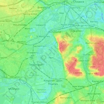 Mappa topografica London Borough of Richmond upon Thames, altitudine, rilievo
