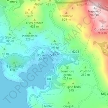 Mappa topografica Slano, altitudine, rilievo