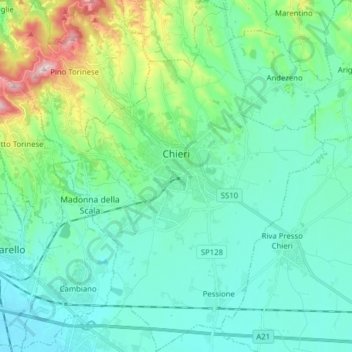 Mappa topografica Chieri, altitudine, rilievo
