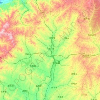 Mappa topografica 榆社县, altitudine, rilievo