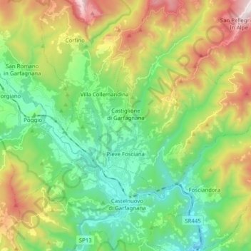 Mappa topografica Pieve Fosciana, altitudine, rilievo