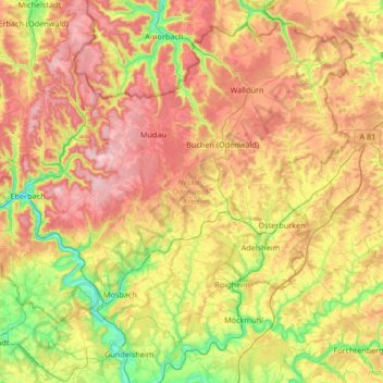 Mappa topografica Neckar-Odenwald-Kreis, altitudine, rilievo