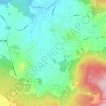 Mappa topografica Aldreu, altitudine, rilievo