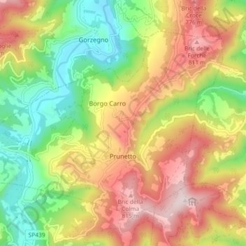 Mappa topografica Prunetto, altitudine, rilievo