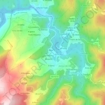 Mappa topografica Pontedeva, altitudine, rilievo