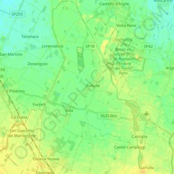Mappa topografica Sala Bolognese, altitudine, rilievo