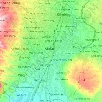 Mappa topografica Malang, altitudine, rilievo