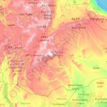 Mappa topografica Regione di Oromia, altitudine, rilievo