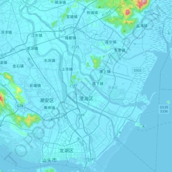Mappa topografica 澄海区, altitudine, rilievo